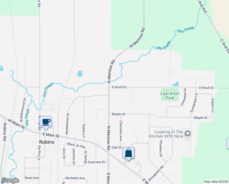 map of restaurants, bars, coffee shops, grocery stores, and more near 801-1099 East Knoll Drive in Robins