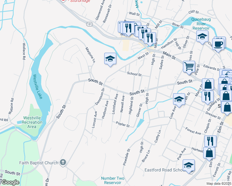 map of restaurants, bars, coffee shops, grocery stores, and more near 313 South Street in Southbridge
