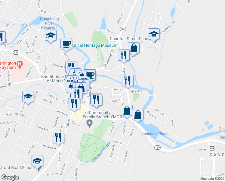 map of restaurants, bars, coffee shops, grocery stores, and more near 8 Benefit Street in Southbridge