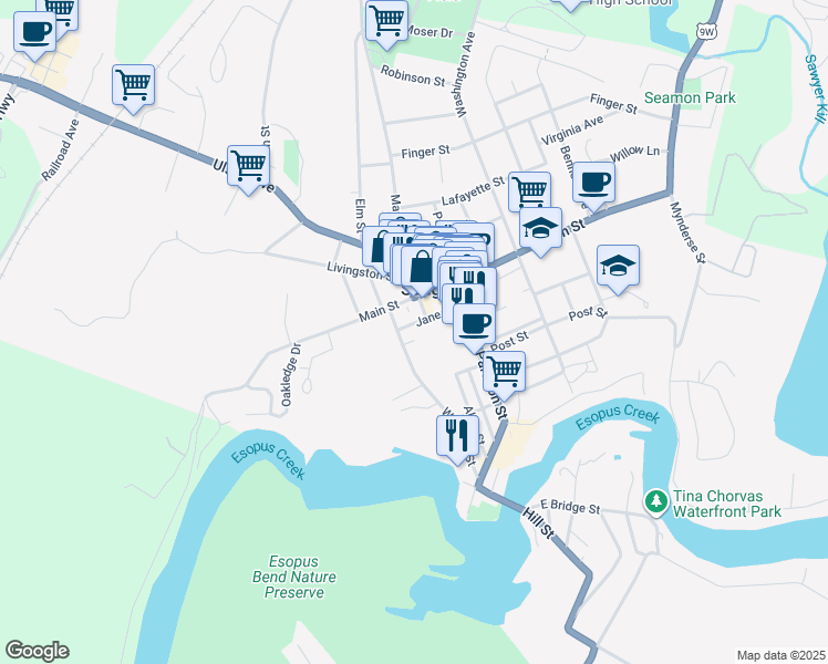 map of restaurants, bars, coffee shops, grocery stores, and more near 38 Jane St in Saugerties