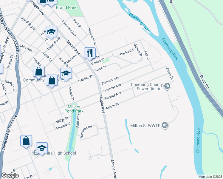 map of restaurants, bars, coffee shops, grocery stores, and more near 416 Schuyler Avenue in Elmira