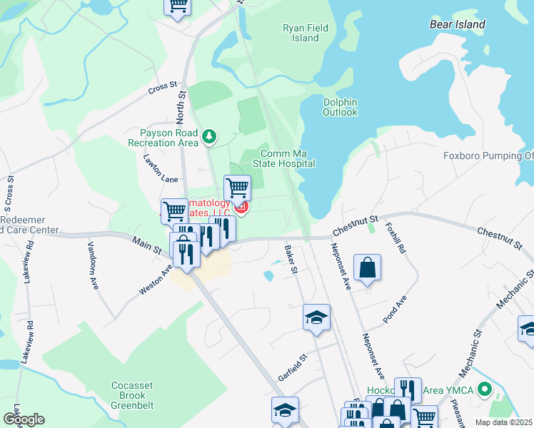 map of restaurants, bars, coffee shops, grocery stores, and more near 28 Chestnut Street in Foxborough