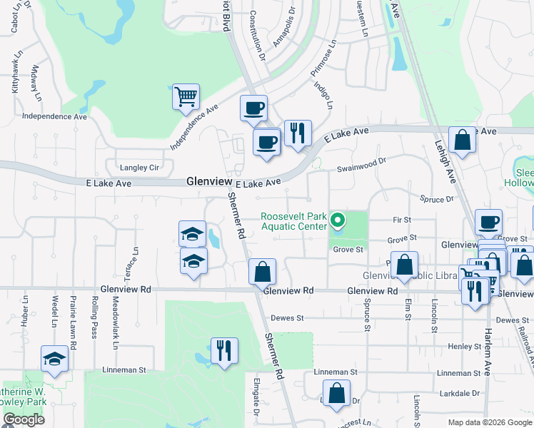 map of restaurants, bars, coffee shops, grocery stores, and more near 2430 Fir Street in Glenview