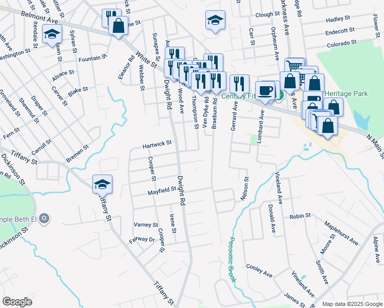 map of restaurants, bars, coffee shops, grocery stores, and more near 10 Pine Street in East Longmeadow