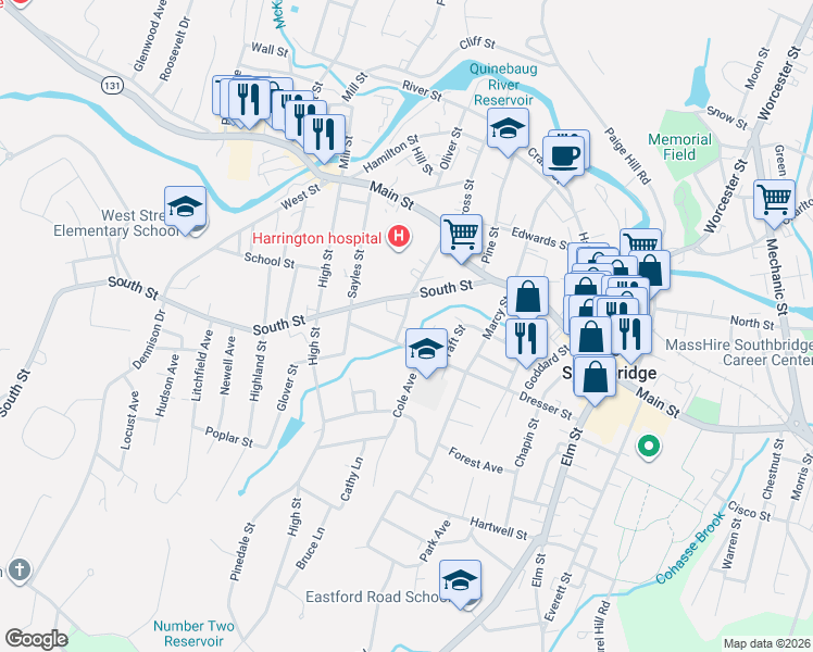map of restaurants, bars, coffee shops, grocery stores, and more near 29 Orchard Street in Southbridge
