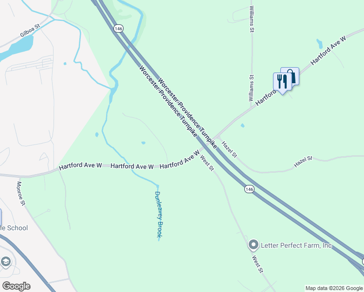 map of restaurants, bars, coffee shops, grocery stores, and more near 629 Hartford Avenue West in Uxbridge