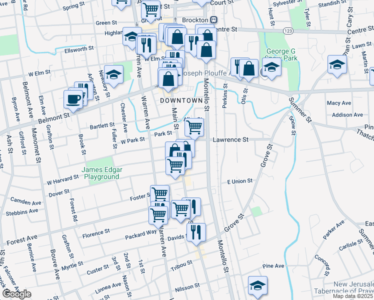 map of restaurants, bars, coffee shops, grocery stores, and more near 14 Somerset Place in Brockton