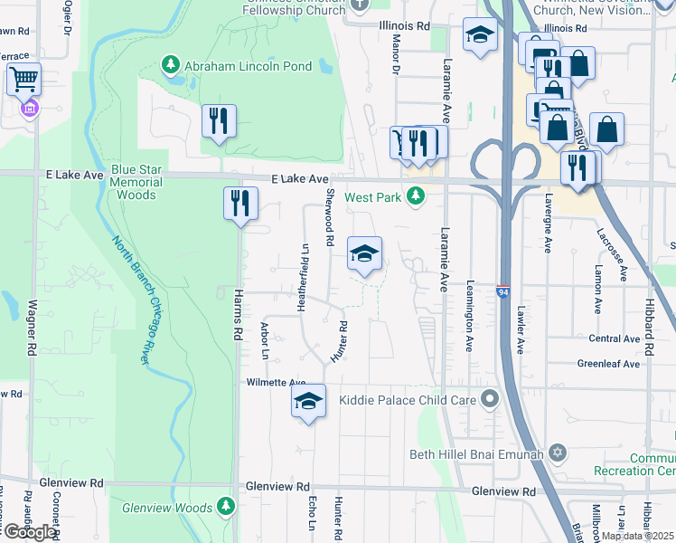 map of restaurants, bars, coffee shops, grocery stores, and more near 1213 Sherwood Road in Glenview
