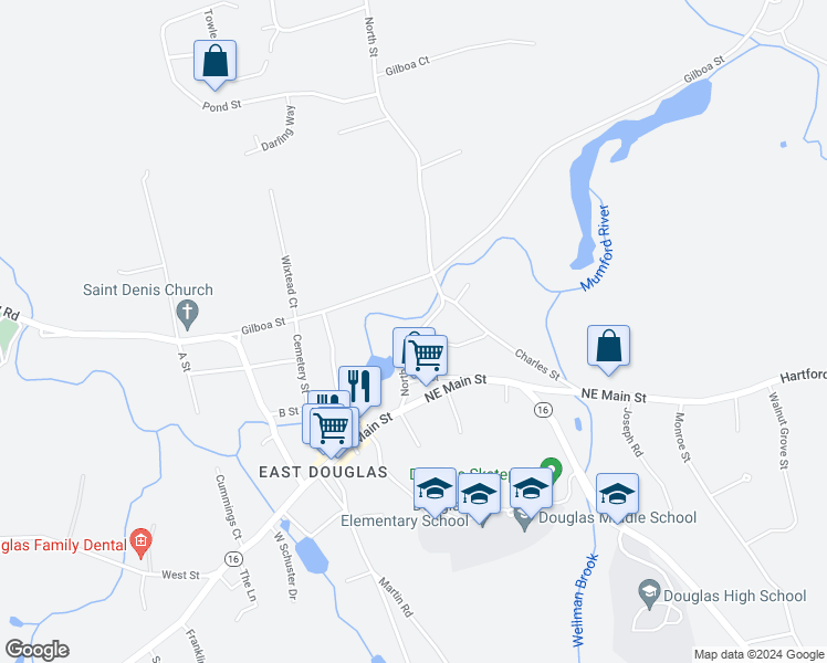 map of restaurants, bars, coffee shops, grocery stores, and more near 28 North Street in Douglas