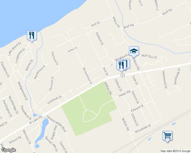map of restaurants, bars, coffee shops, grocery stores, and more near 5634 Alden Ln in Erie