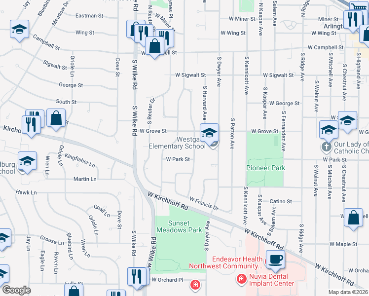 map of restaurants, bars, coffee shops, grocery stores, and more near 1315 Leona Terrace in Arlington Heights