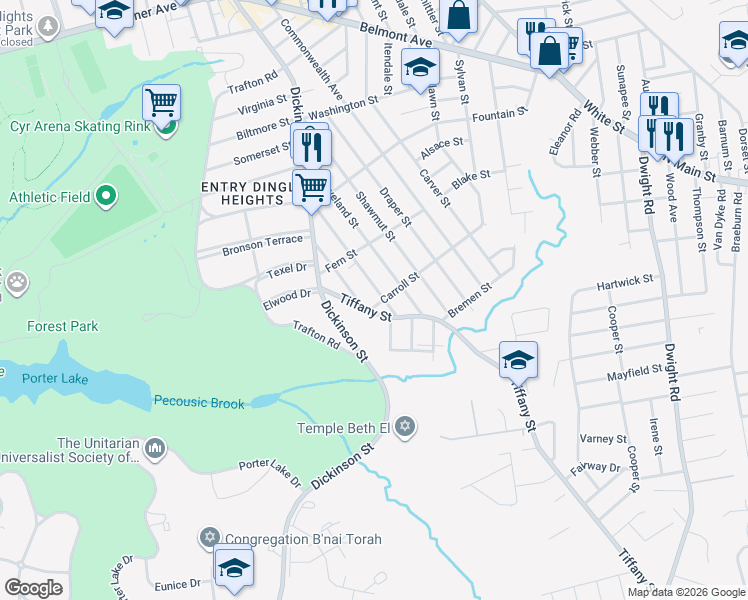 map of restaurants, bars, coffee shops, grocery stores, and more near 85 Copeland Street in Springfield
