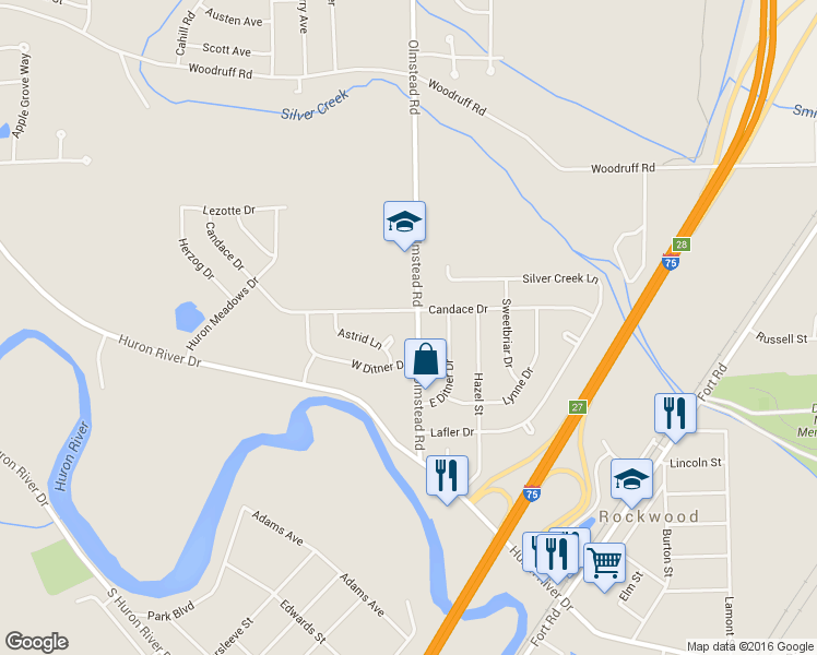 map of restaurants, bars, coffee shops, grocery stores, and more near 31630 Olmstead Road in Rockwood