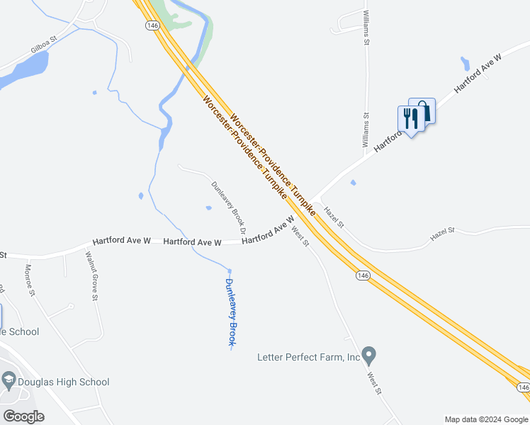 map of restaurants, bars, coffee shops, grocery stores, and more near 629 Hartford Avenue West in Uxbridge