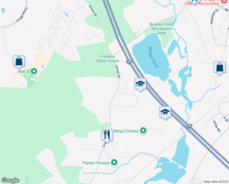 map of restaurants, bars, coffee shops, grocery stores, and more near 121 Grove Street in Franklin