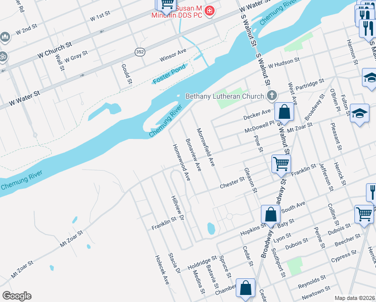 map of restaurants, bars, coffee shops, grocery stores, and more near 326 Bonaview Avenue in Elmira