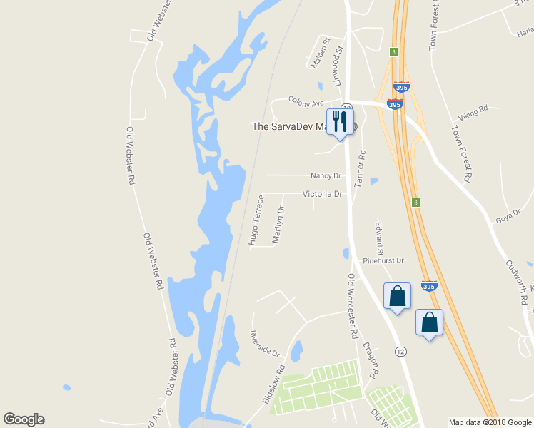 map of restaurants, bars, coffee shops, grocery stores, and more near 15R Hugo Terrace in Webster