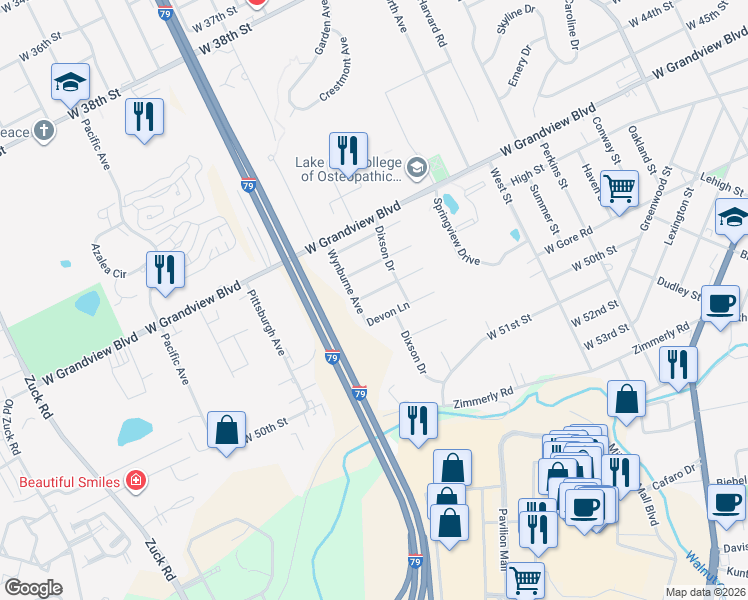 map of restaurants, bars, coffee shops, grocery stores, and more near 2075 Charleston Avenue in Erie