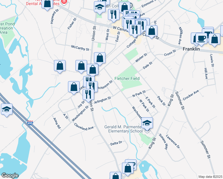 map of restaurants, bars, coffee shops, grocery stores, and more near 73 Wachusett Street in Franklin