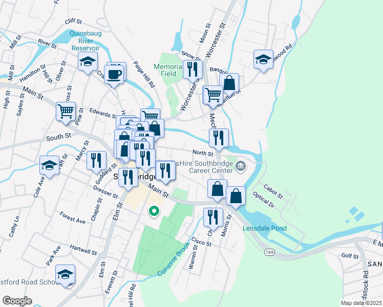 map of restaurants, bars, coffee shops, grocery stores, and more near 90 North Street in Southbridge