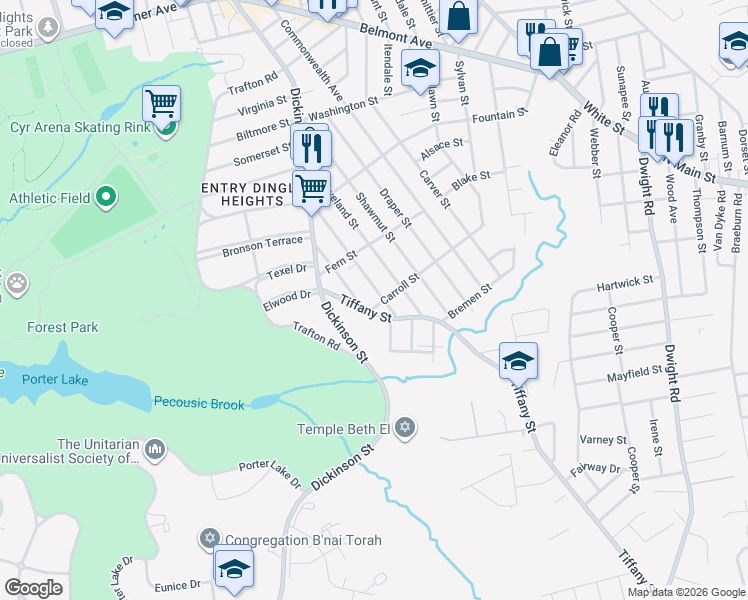 map of restaurants, bars, coffee shops, grocery stores, and more near 85 Copeland Street in Springfield