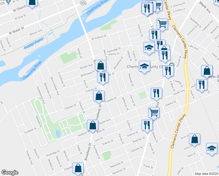 map of restaurants, bars, coffee shops, grocery stores, and more near 415 Broadway Street in Elmira