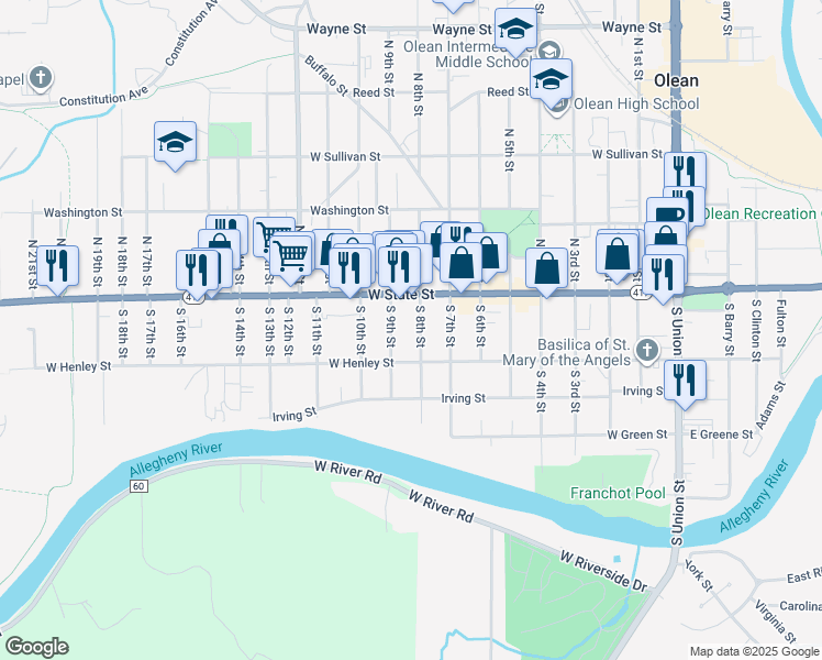 map of restaurants, bars, coffee shops, grocery stores, and more near 111 South 9th Street in Olean