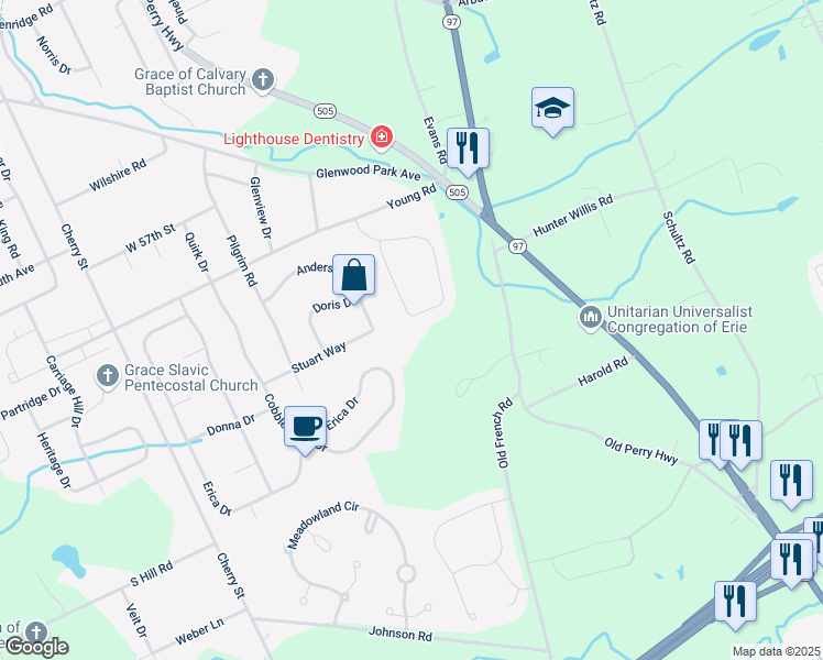 map of restaurants, bars, coffee shops, grocery stores, and more near 131 Parkview Dr in Erie