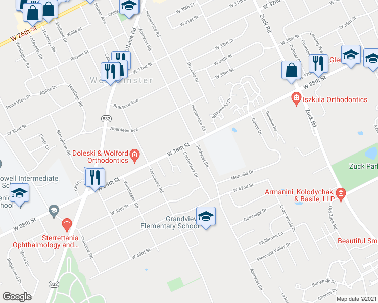 map of restaurants, bars, coffee shops, grocery stores, and more near 3824 Amherst Road in Erie