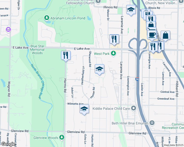 map of restaurants, bars, coffee shops, grocery stores, and more near 1213 Sherwood Road in Glenview