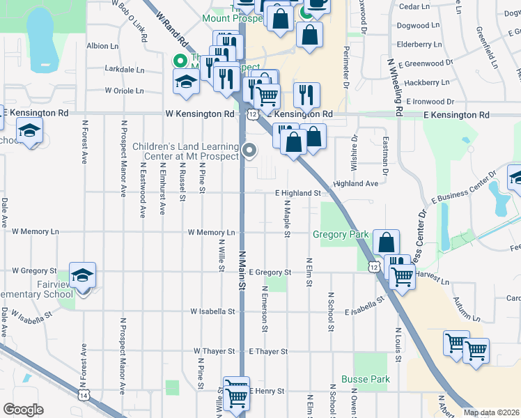 map of restaurants, bars, coffee shops, grocery stores, and more near 516 North Emerson Street in Mount Prospect