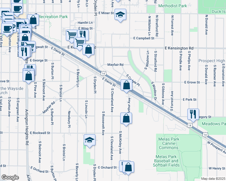 map of restaurants, bars, coffee shops, grocery stores, and more near 422 South Cleveland Avenue in Arlington Heights