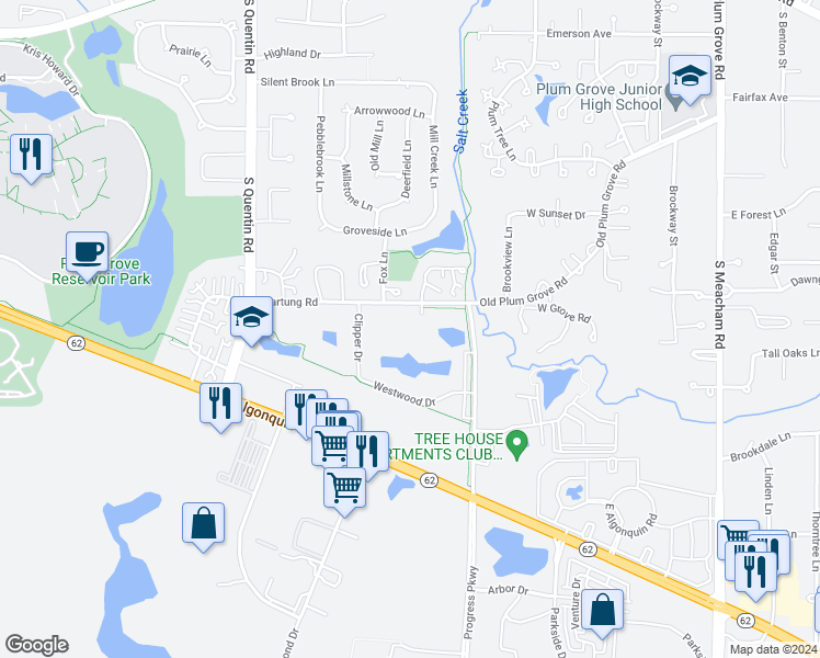 map of restaurants, bars, coffee shops, grocery stores, and more near 2632 Pirates Cove in Schaumburg