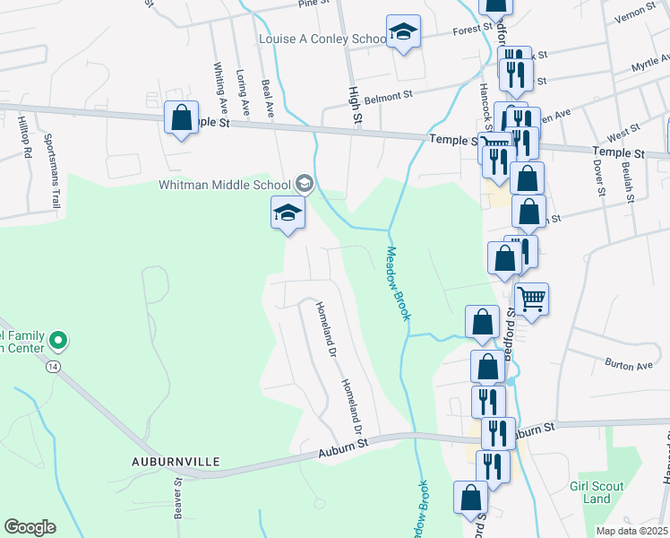 map of restaurants, bars, coffee shops, grocery stores, and more near 15 Lee Avenue in Whitman