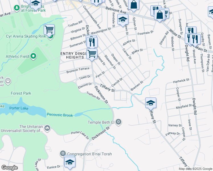 map of restaurants, bars, coffee shops, grocery stores, and more near 85 Copeland Street in Springfield