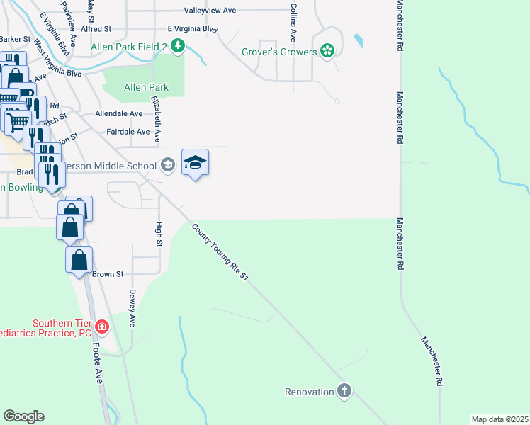 map of restaurants, bars, coffee shops, grocery stores, and more near 195 Martin Road in Jamestown