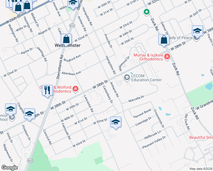 map of restaurants, bars, coffee shops, grocery stores, and more near 3817 Canterbury Drive in Erie
