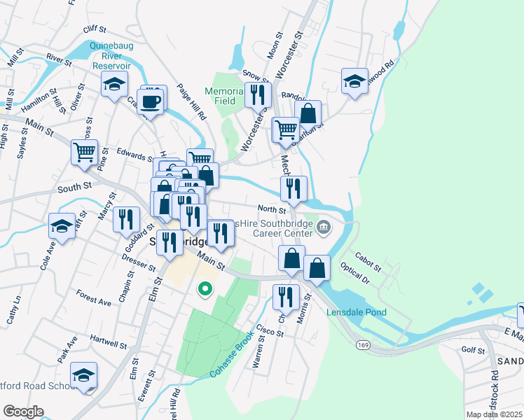 map of restaurants, bars, coffee shops, grocery stores, and more near 90 North Street in Southbridge