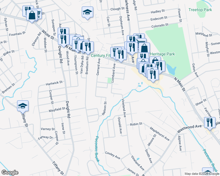 map of restaurants, bars, coffee shops, grocery stores, and more near 69 Lombard Avenue in East Longmeadow