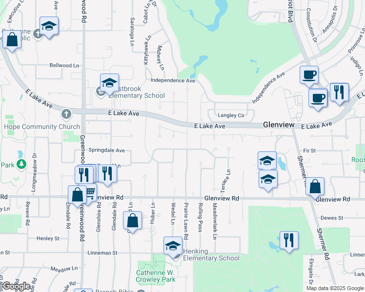 map of restaurants, bars, coffee shops, grocery stores, and more near 1140 Prairie Lawn Road in Glenview