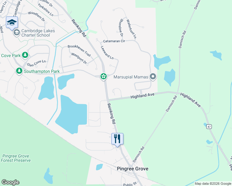 map of restaurants, bars, coffee shops, grocery stores, and more near 708 Anchorage Court in Pingree Grove