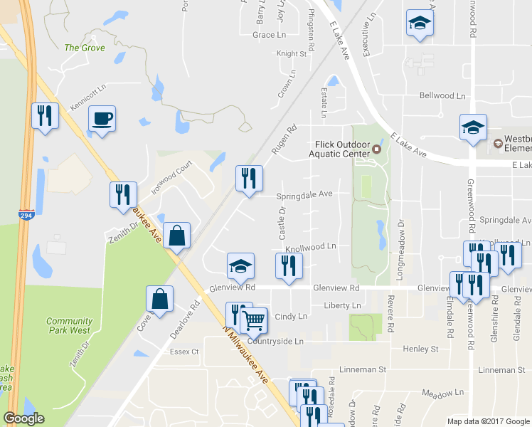 map of restaurants, bars, coffee shops, grocery stores, and more near 3922 Gloria Court in Glenview