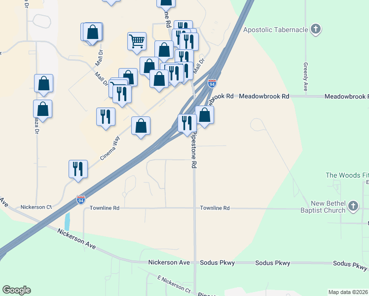 map of restaurants, bars, coffee shops, grocery stores, and more near 2254 Pipestone Road in Benton Harbor