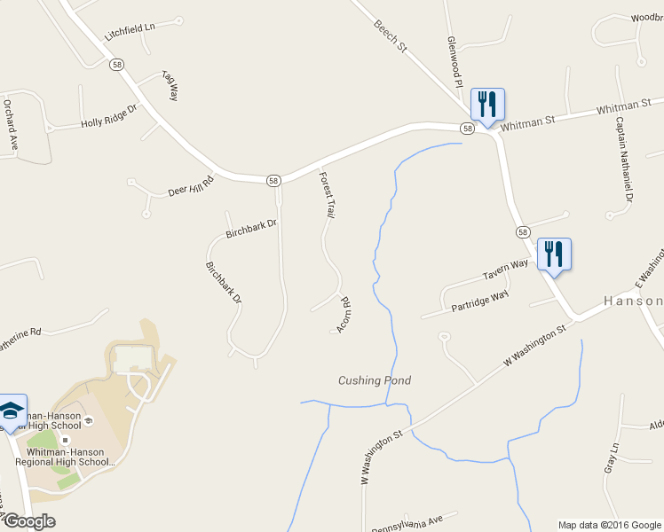 map of restaurants, bars, coffee shops, grocery stores, and more near 136 Forest Trail in Hanson