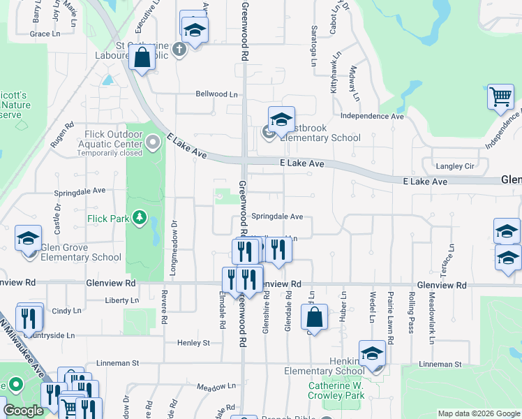 map of restaurants, bars, coffee shops, grocery stores, and more near 3210 Springdale Avenue in Glenview