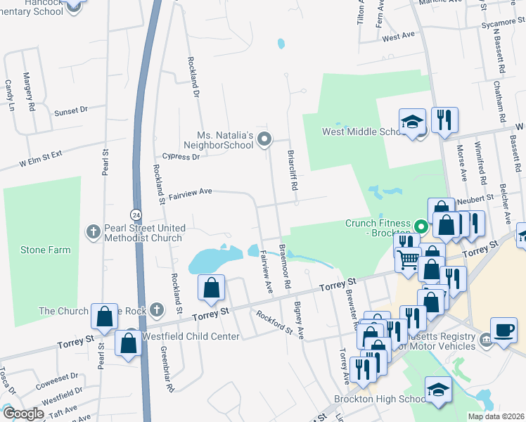 map of restaurants, bars, coffee shops, grocery stores, and more near 117 Fairview Avenue in Brockton