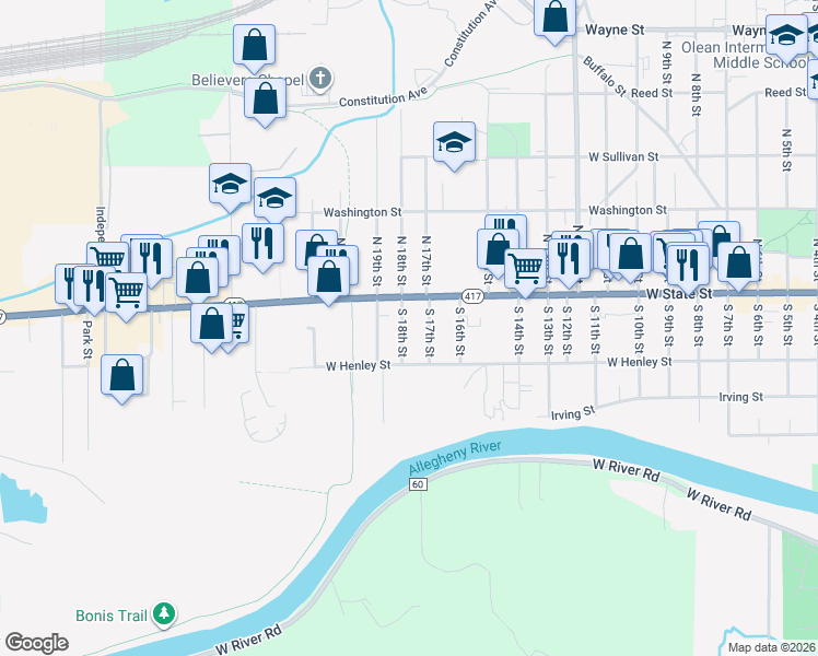 map of restaurants, bars, coffee shops, grocery stores, and more near 113 S 18th St in Olean