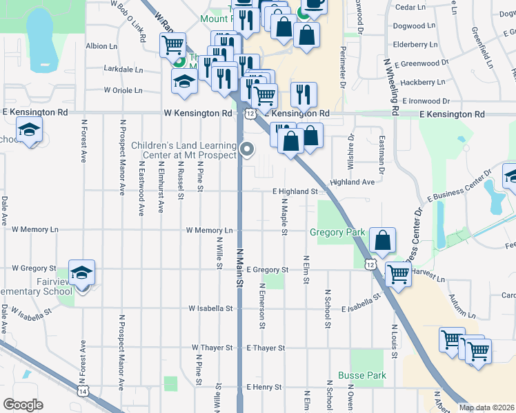 map of restaurants, bars, coffee shops, grocery stores, and more near 516 North Emerson Street in Mount Prospect