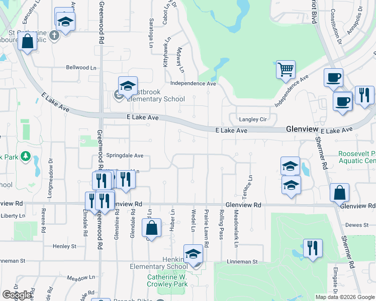 map of restaurants, bars, coffee shops, grocery stores, and more near 3010 Knollwood Lane in Glenview