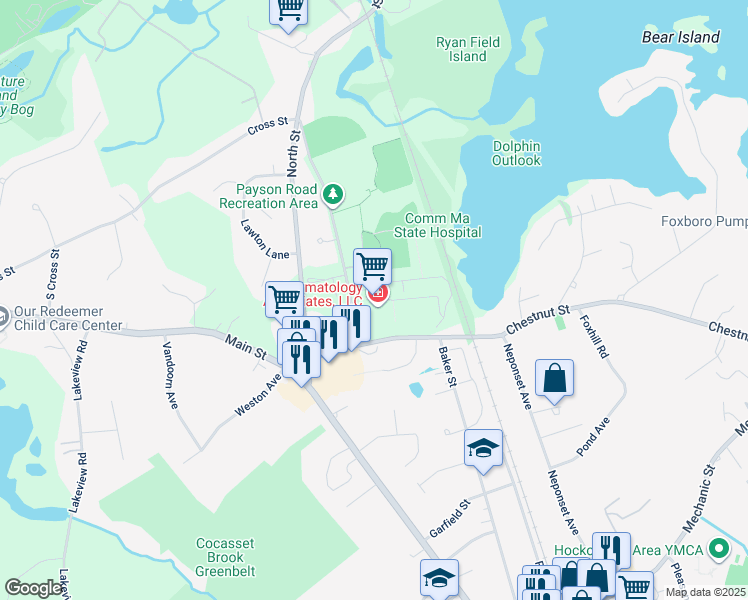 map of restaurants, bars, coffee shops, grocery stores, and more near 15 Payson Road in Foxborough